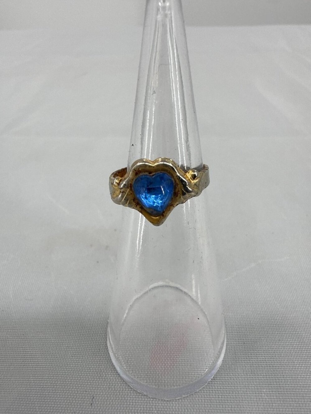 Vintage Gold Tone Faceted Blue Heart Adjustable Statement Cocktail Ring